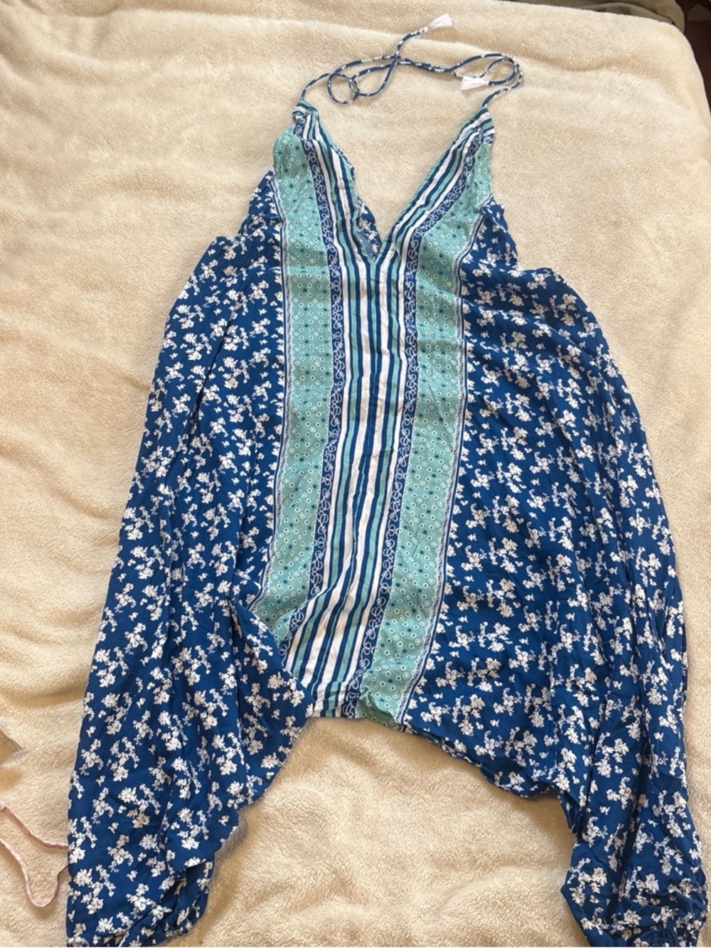 Blue Floral Striped Halter Romper